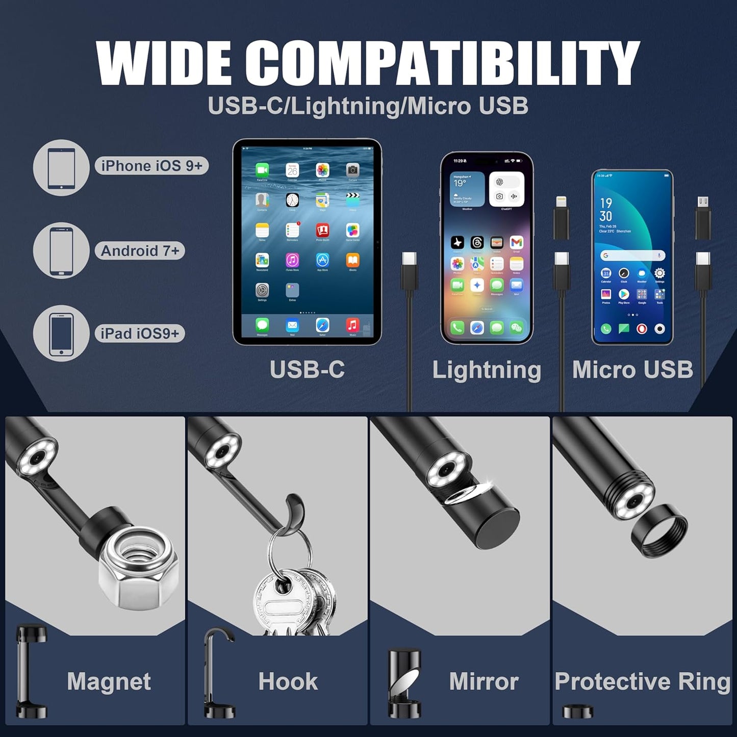Endoscope Camera with Light, 1920P HD Borescope Inspection Camera with 16.4FT Semi-Rigid Snake Cable, IP67 Waterproof Endoscope with Adjustable LED Lights for Ios and Android