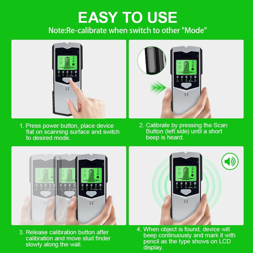 Stud Finder Wall Scanner, 5 in 1 Stud Detector | HD LCD Display, Center and Edge, Wood Metal AC Wire