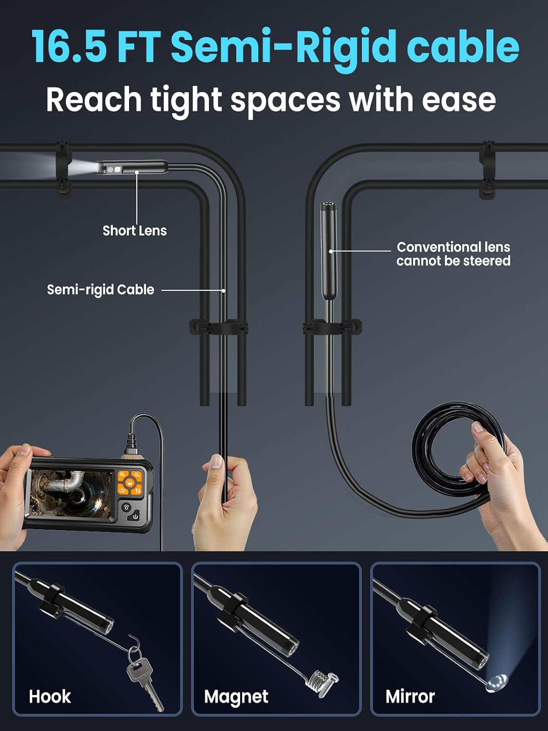 Endoscope Camera with Light, 4.3" IPS Screen 1080P Tools Borescope with 8 LED Lights，Semi-Rigid Cable Snake Camera, IP67 Waterproof Sewer Inspection Men Tool - 16.5Ft-Dual Lens