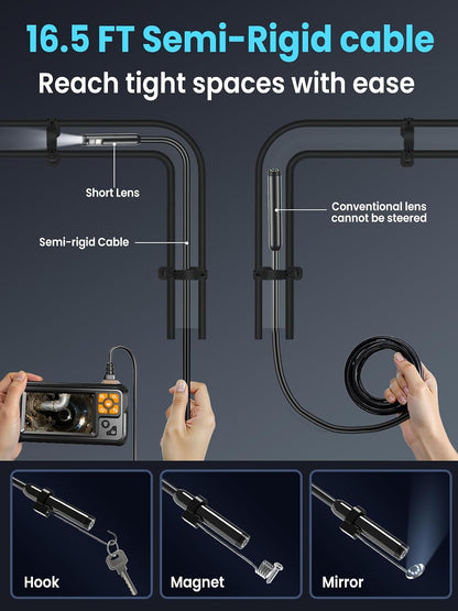 Endoscope Camera with Light, 4.3" IPS Screen 1080P Tools Borescope with 8 LED Lights，Semi-Rigid Cable Snake Camera, IP67 Waterproof Sewer Inspection Men Tool - 16.5Ft-Dual Lens