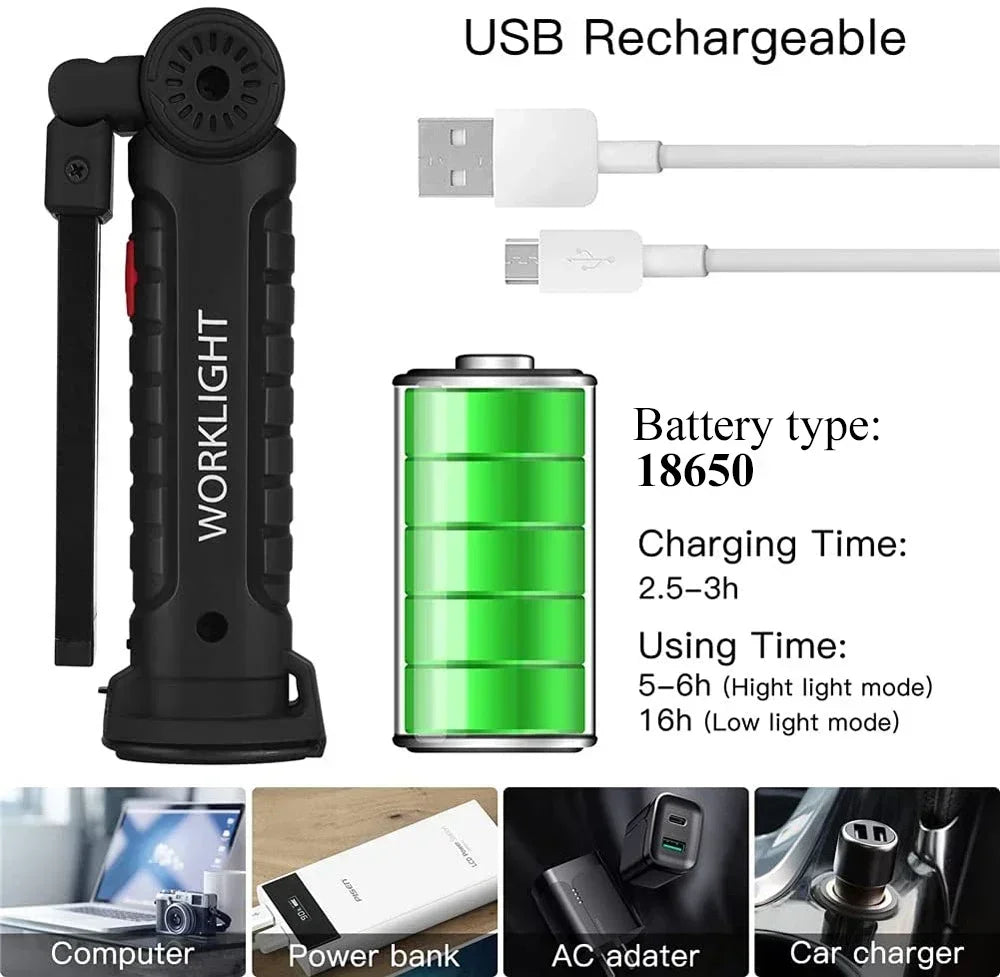 Rechargeable COB Work Light with Magnetic Base and Hook