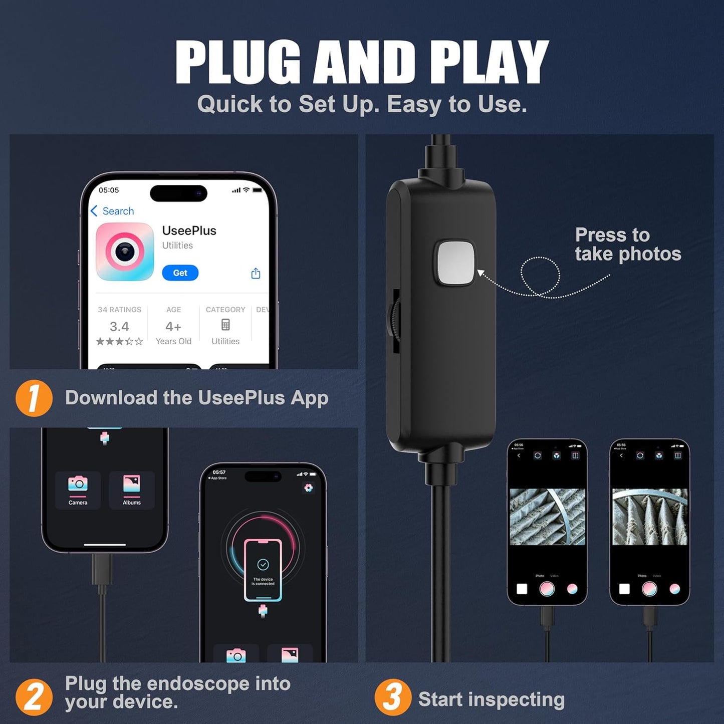 Endoscope Camera with Light, 1920P HD Borescope Inspection Camera with 16.4FT Semi-Rigid Snake Cable, IP67 Waterproof Endoscope with Adjustable LED Lights for Ios and Android