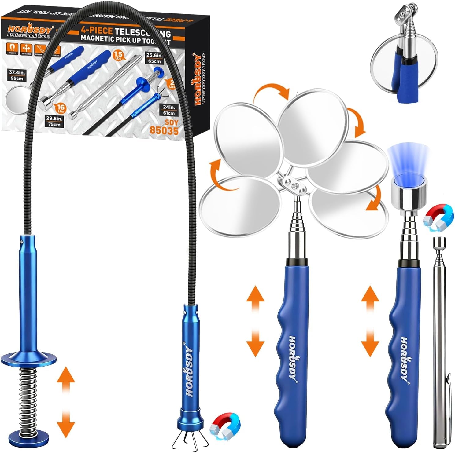 4-Piece Magnetic Pickup Kit with 360° Inspection Mirror