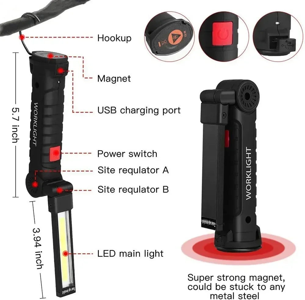 Rechargeable COB Work Light with Magnetic Base and Hook