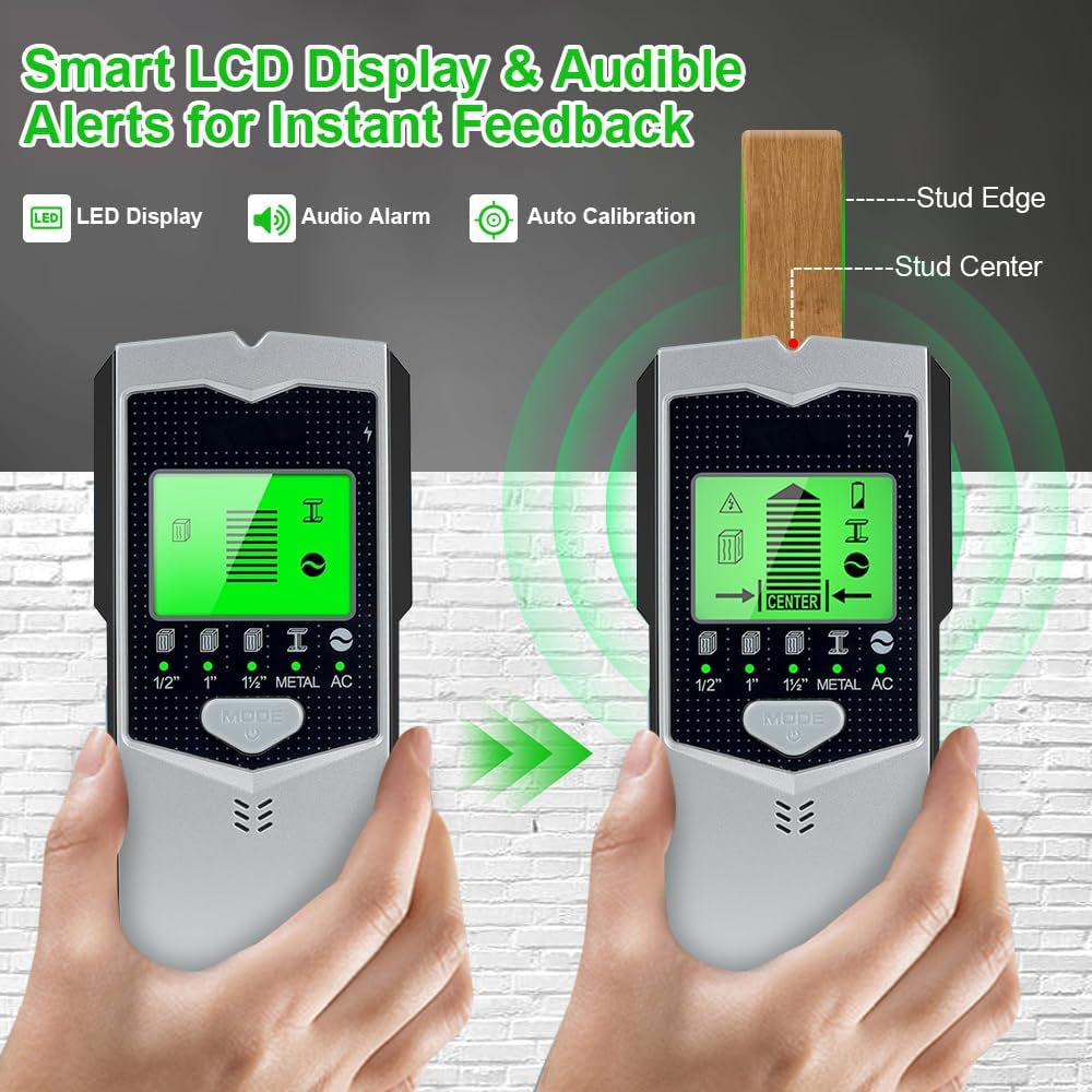 Stud Finder Wall Scanner, 5 in 1 Stud Detector | HD LCD Display, Center and Edge, Wood Metal AC Wire