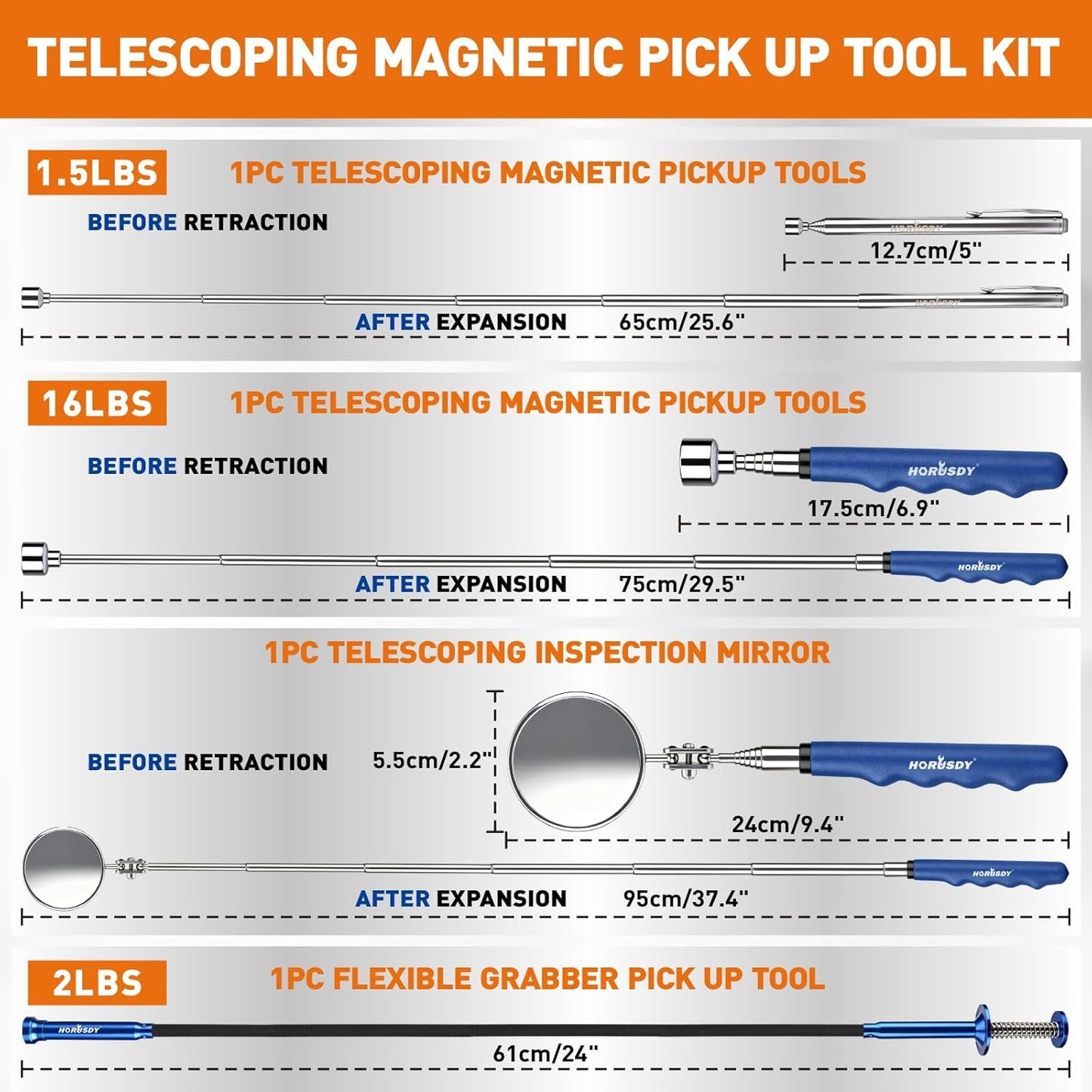 4-Piece Magnetic Pickup Kit with 360° Inspection Mirror
