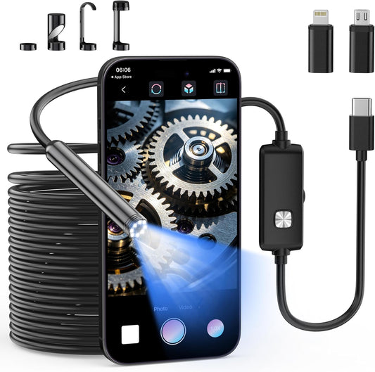 Endoscope Camera with Light, 1920P HD Borescope Inspection Camera with 16.4FT Semi-Rigid Snake Cable, IP67 Waterproof Endoscope with Adjustable LED Lights for Ios and Android